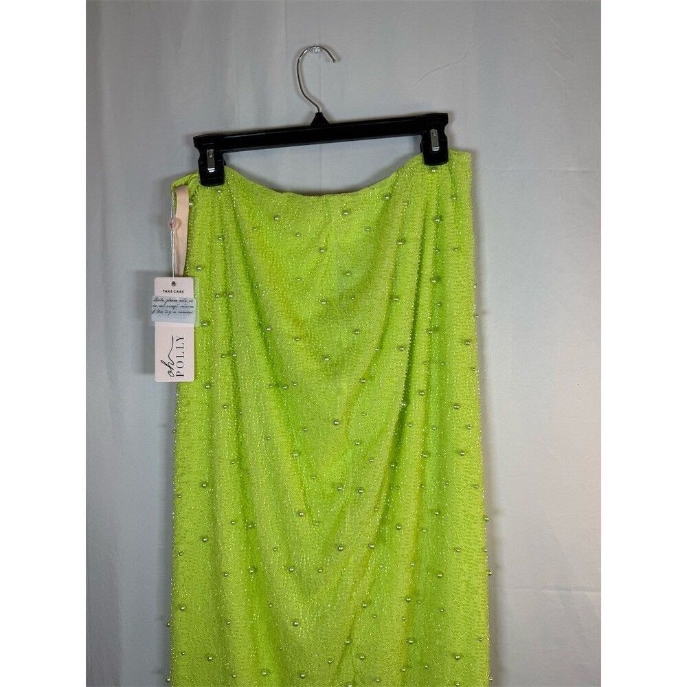 Oh Polly Skirt Womens Size 10 Lime Green Pearl Embellished Midi High - Picture 2 of 12
